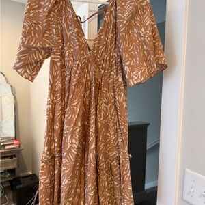 Millibon Tan Leaf Print Midi Dress